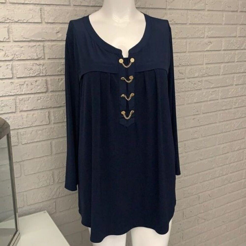Anne Klein Women Navy with Gold Chain Detail Blouse / Tunic Size L